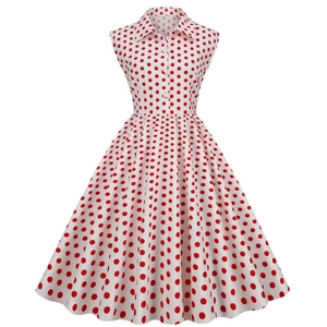 Women Vintage 1950s Polka Dot Swing Dress Sleeveless Lapel Button Front A-Line Rockabilly Cocktail Midi Cotton Dress