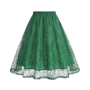 Detailed view of the intricate floral lace pattern on this green A-line skirt with lining