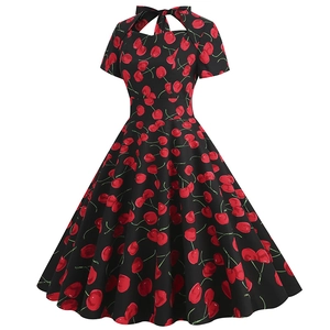 Vintage Rockabilly cherry print dress with short sleeves and a flared A-line skirt in black