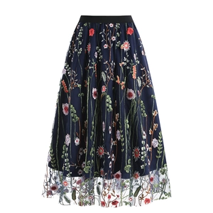 Navy blue A-line tulle skirt with exquisite floral embroidery and black elastic high waist