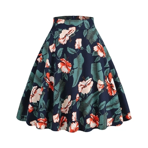 Retro high-waisted A-line floral skirt with tropical hibiscus prints on navy blue fabric
