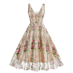 Champagne A-line V-neck sleeveless dress featuring intricate floral embroidery and tulle