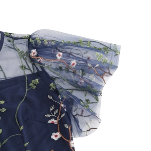 Detailed close-up of vintage navy blue mesh embroidery and puff sleeve on retro dress