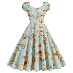 Vintage floral A-line dress with puff sleeves and sweetheart neckline in light green