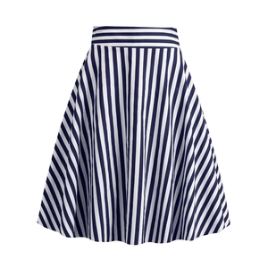 Classic A-line navy and white striped skirt with horizontal waist detail and cotton blend