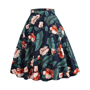 Close-up of vintage high waist A-line skirt with tropical hibiscus floral print