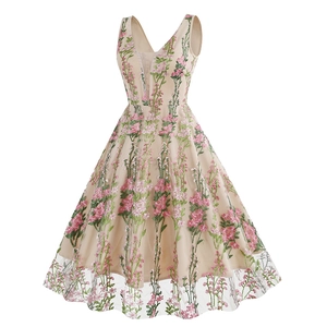 Close-up of intricate 3D pink floral embroidery and green leaf details on tulle fabric
