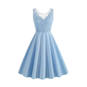 Vintage Elegant Women V-Neck Sleeveless Lace Patchwork Midi Dress For Party Wedding Banquet A-Line Pleated Cocktail Dress