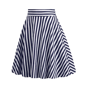 Detailed view of high-waisted navy and white striped A-line midi skirt with pleats