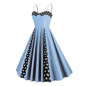 Detail of light blue retro 50s dress with polka dot trim and white buttons on the front