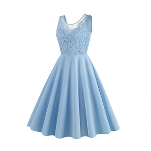 Close-up of intricate floral lace embroidery and sheer mesh neckline on sky blue dress