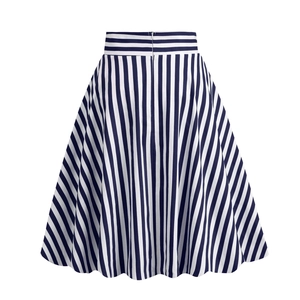 Detailed flat lay of blue and white vertical striped high waist A-line skirt