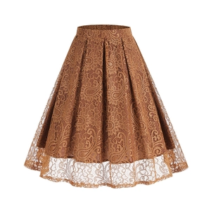 Vintage brown lace A-line midi skirt with paisley floral patterns and pleated waist design