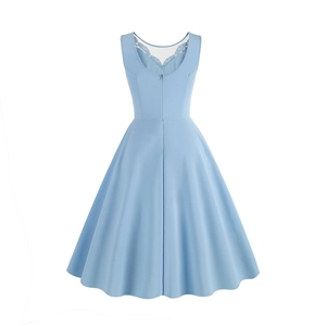 Detail of the light blue lace V-neck back and zipper on the sleeveless swing dress