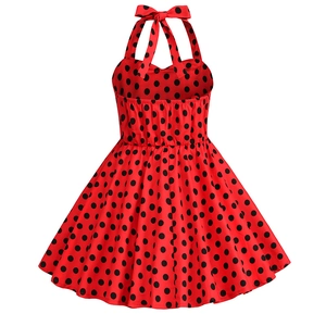 Detail view of the halter neck tie and large black bow on a vintage red polka dot dress