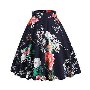 Detailed pattern of a vintage high waist A-line skirt with colorful floral prints
