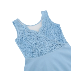 Detailed close-up of light blue sleeveless dress featuring intricate floral lace and mesh