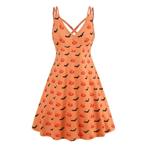 V-neck Halloween A-line dress featuring orange pumpkin and black bat prints with cross straps