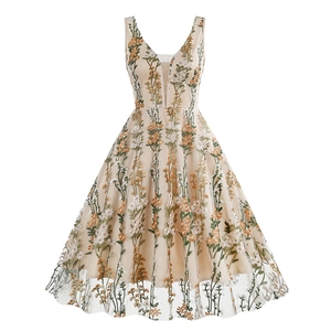 Vintage V-neck sleeveless floral embroidered apricot A-line Audrey Hepburn party dress