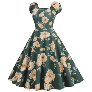 Front view of vintage floral dress with dark green base, square neck, and A-line waist