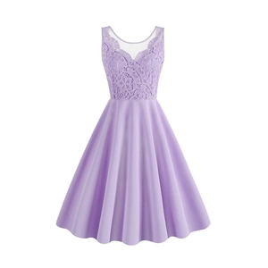 Elegant lavender sleeveless dress featuring a lace V-neck bodice and pleated A-line skirt