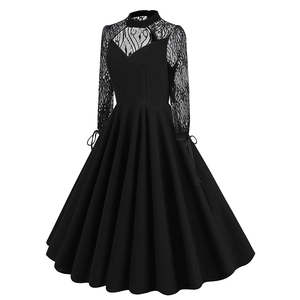 Detail of elegant black lace high neck and V-shaped hollow cutout on gothic style dress