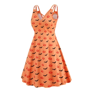 Detailed view of Halloween orange V-neck dress featuring black bat and pumpkin print patterns