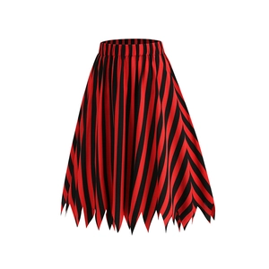 Detail view of the red and black striped A-line skirt with a unique jagged hemline design