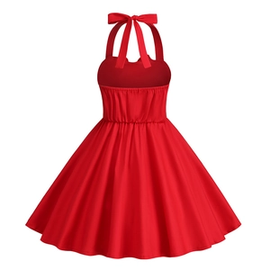 Detail of red vintage girls' halter dress featuring back bow tie and elastic waist