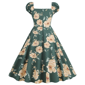 Detailed back view of vintage floral A-line dress with puff sleeves and square neckline