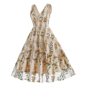 Detailed view of floral embroidery on V-neck sleeveless vintage A-line mesh dress