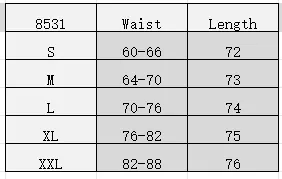Tableau des tailles pour jupe pirate 8531 montrant la taille et la longueur de S à XXL