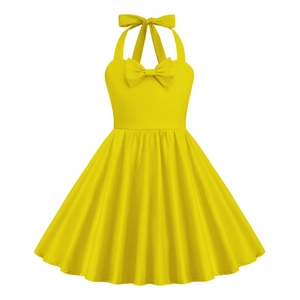 Detail of yellow halter neck floral vintage dress featuring chest and neck bow accents