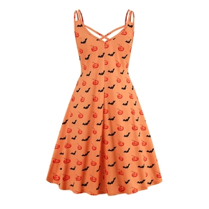 Detail of Halloween V-neck dress featuring pumpkin and bat prints with lace-up straps