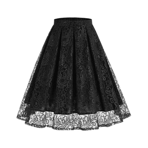 Vintage Audrey Hepburn style black lace high-waist A-line pleated midi skirt