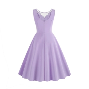 Detail of lavender sleeveless dress with lace V-neckline and back zipper closure
