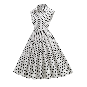 Detailed ghost mannequin view of a retro 1950s white polka dot sleeveless A-line dress