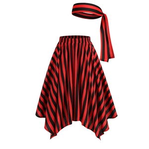 Ensemble Jupe Costume Pirate pour Femme Jupe Rayée Rouge Noire Ourlet Irrégulier Avec Bandeau Vintage Halloween Cosplay