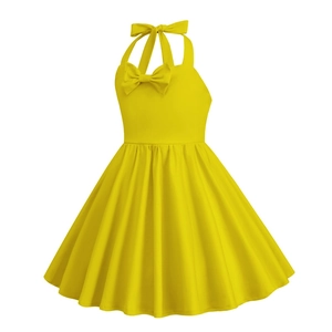 Detail of vintage bright yellow halter dress with bow accents and pleated skirt