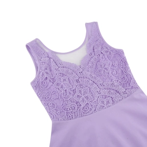 Detail shot of lavender sleeveless dress with intricate floral lace neckline and stitching