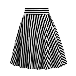 Detail of high-waist A-line skirt featuring classic black and white vertical stripes