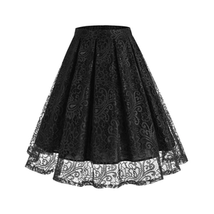 Detail of high-waisted black A-line lace skirt featuring retro paisley and floral patterns