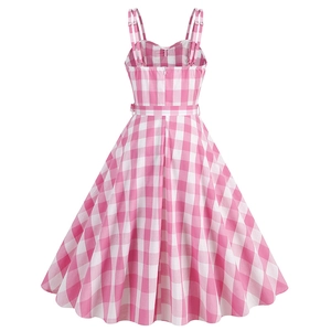 Vintage pink gingham A-line midi dress for women featuring adjustable straps and waist belt