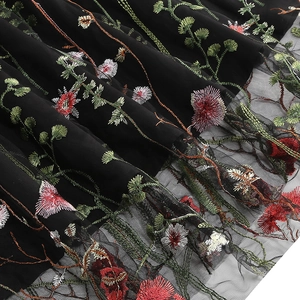 Detailed close-up of intricate floral embroidery on black mesh fabric with layered texture