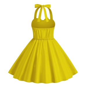 Detail of bright yellow floral girls halter dress with back elastic and bow tie neck
