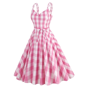 Pink and white checkered vintage A-line midi dress with spaghetti straps and bow belt