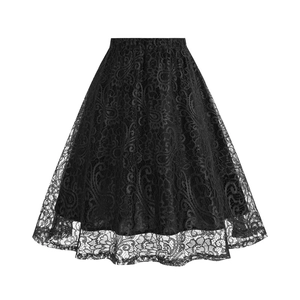Close-up of vintage black floral lace pattern and sheer hemline on high-waist A-line skirt