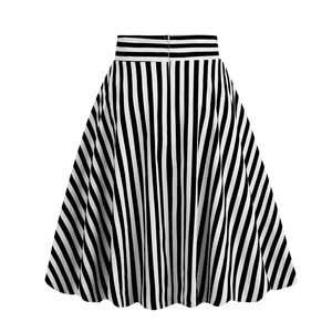 Detail view of high-waisted black and white striped A-line skirt with back hidden zipper