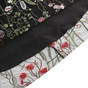 Close-up of intricate floral embroidery on black mesh fabric with vibrant rose patterns