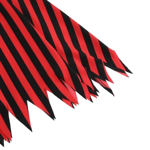 Detailed macro view of black and red striped fabric with irregular jagged hemline